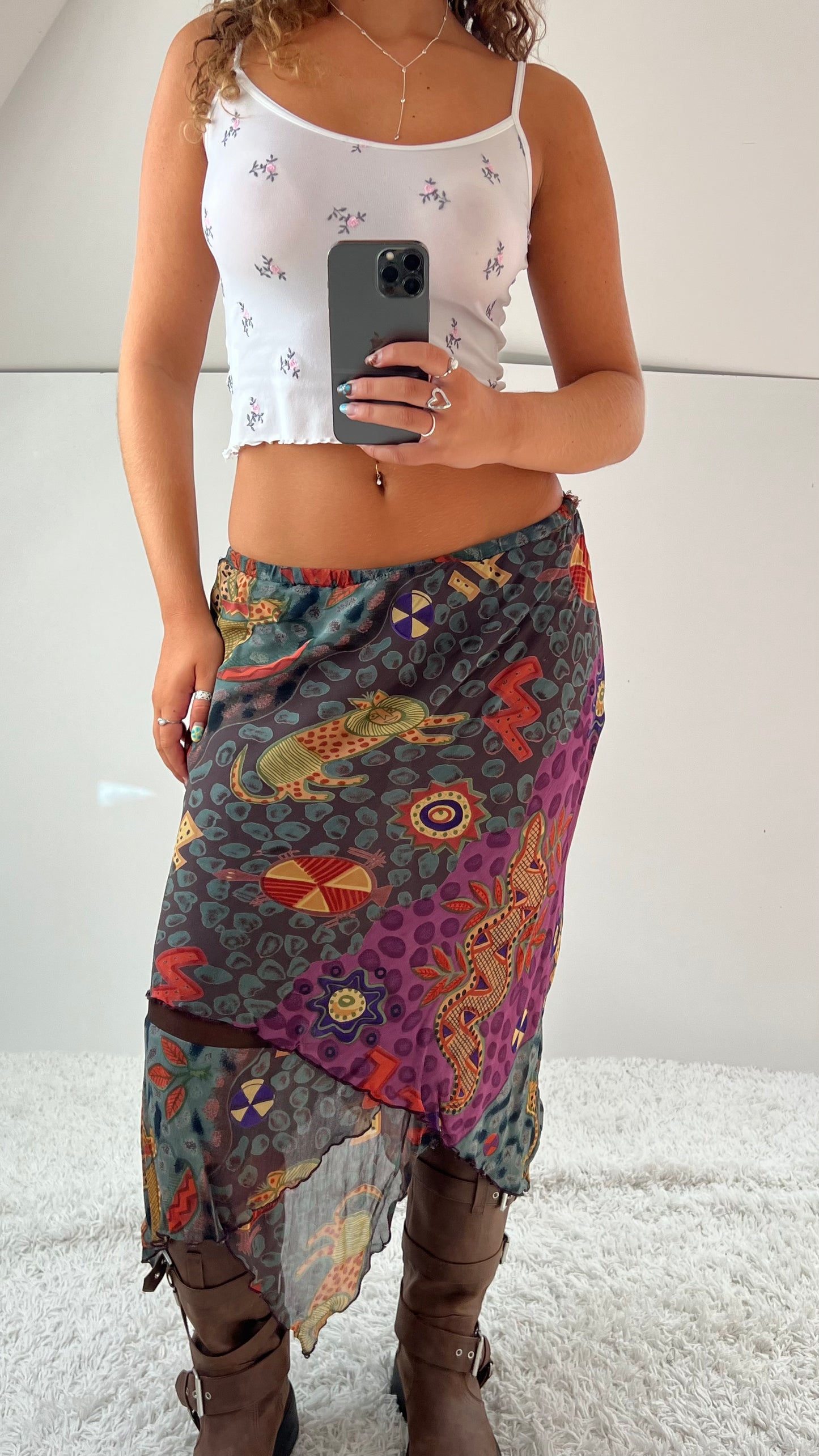 00s khaki patterned mesh midi skirt- size M