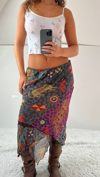 00s khaki patterned mesh midi skirt- size M