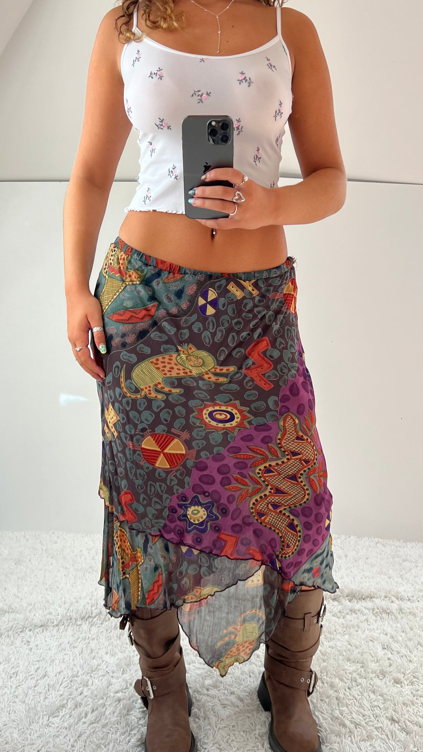 00s khaki patterned mesh midi skirt- size M