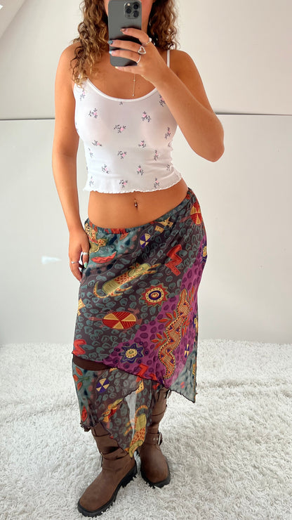 00s khaki patterned mesh midi skirt- size M