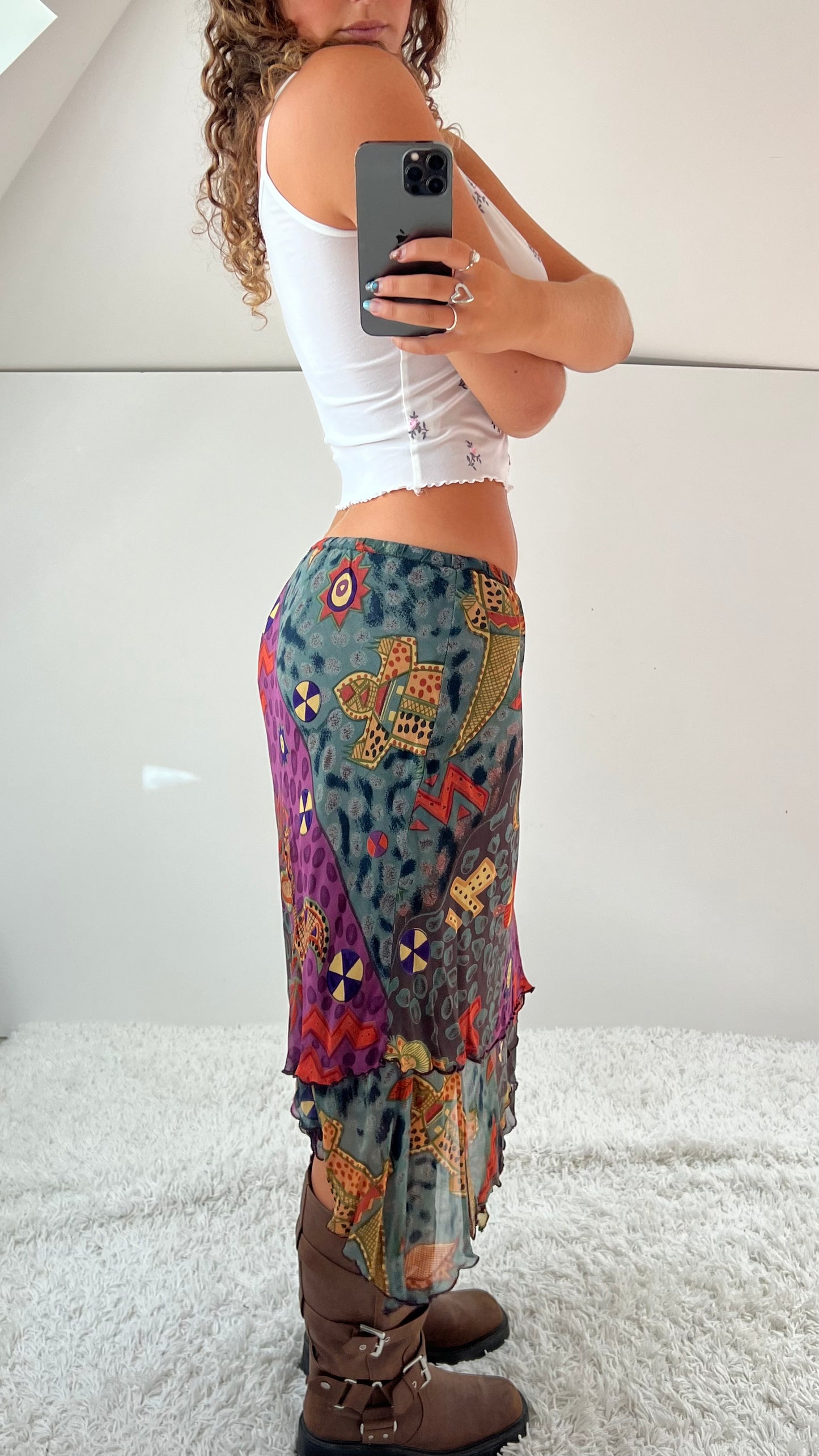 00s khaki patterned mesh midi skirt- size M
