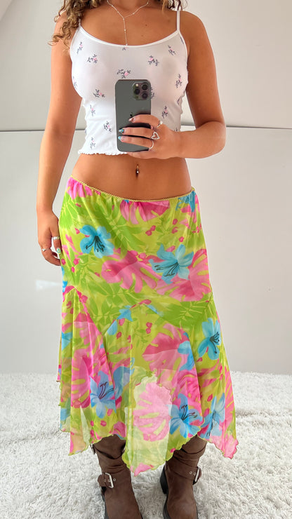 00s green floral mesh midi skirt- size M