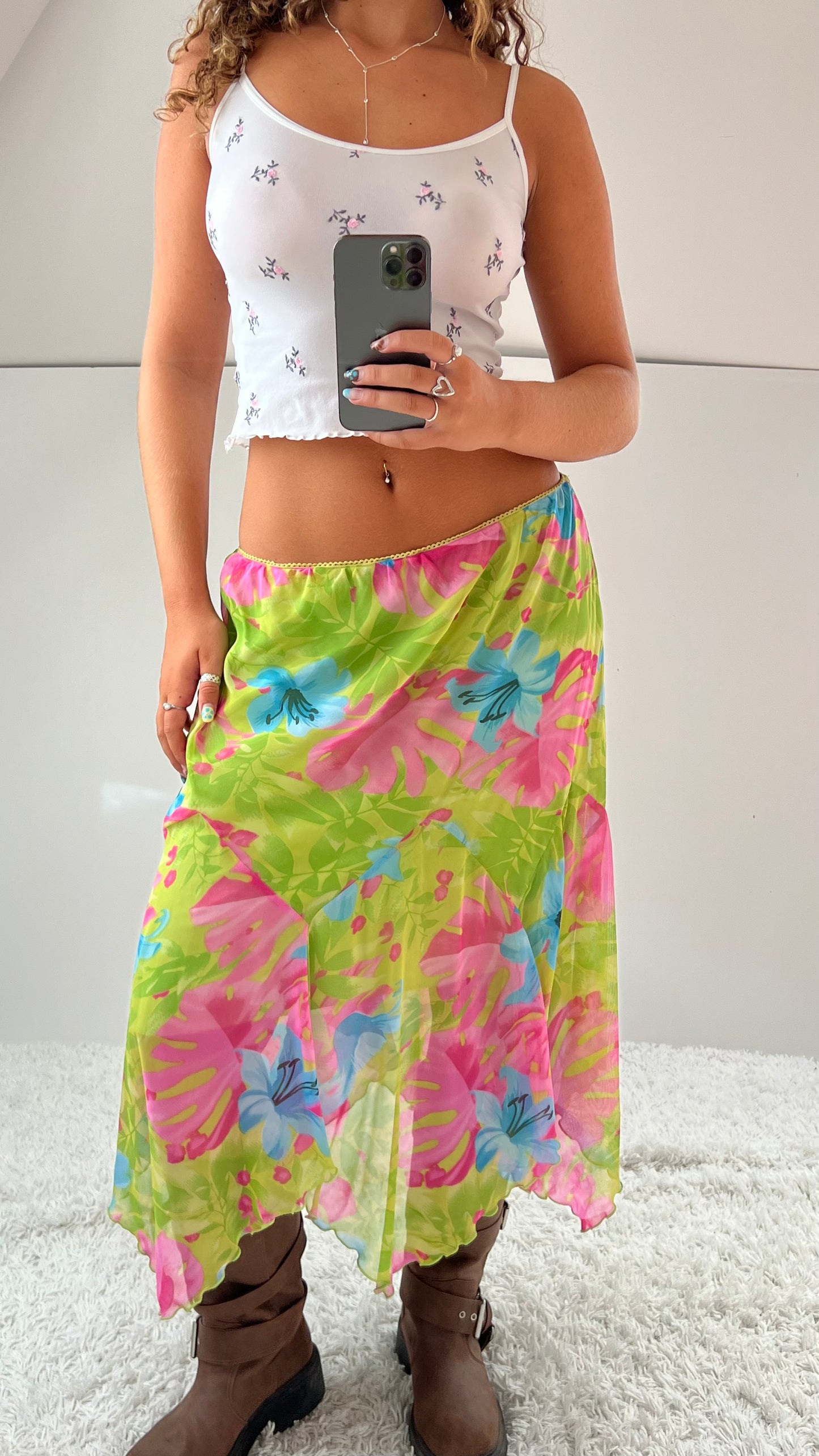 00s green floral mesh midi skirt- size M
