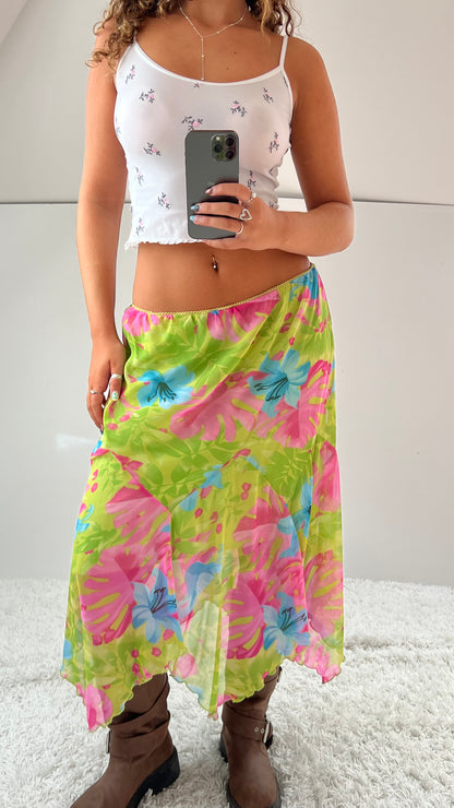 00s green floral mesh midi skirt- size M