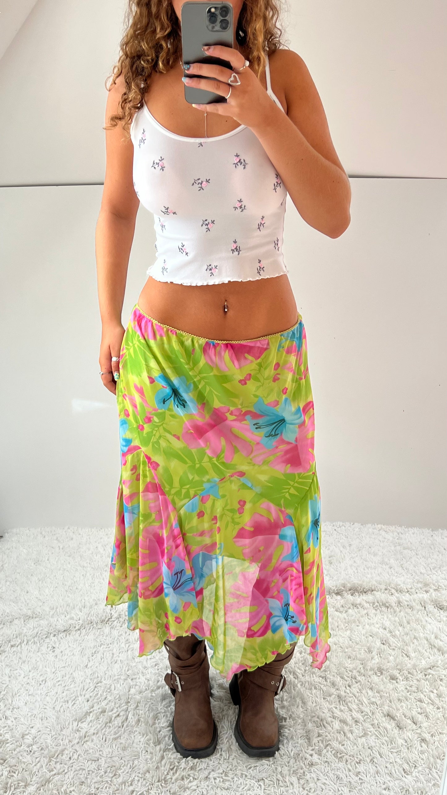 00s green floral mesh midi skirt- size M