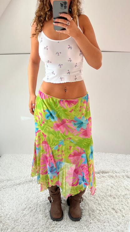 00s green floral mesh midi skirt- size M