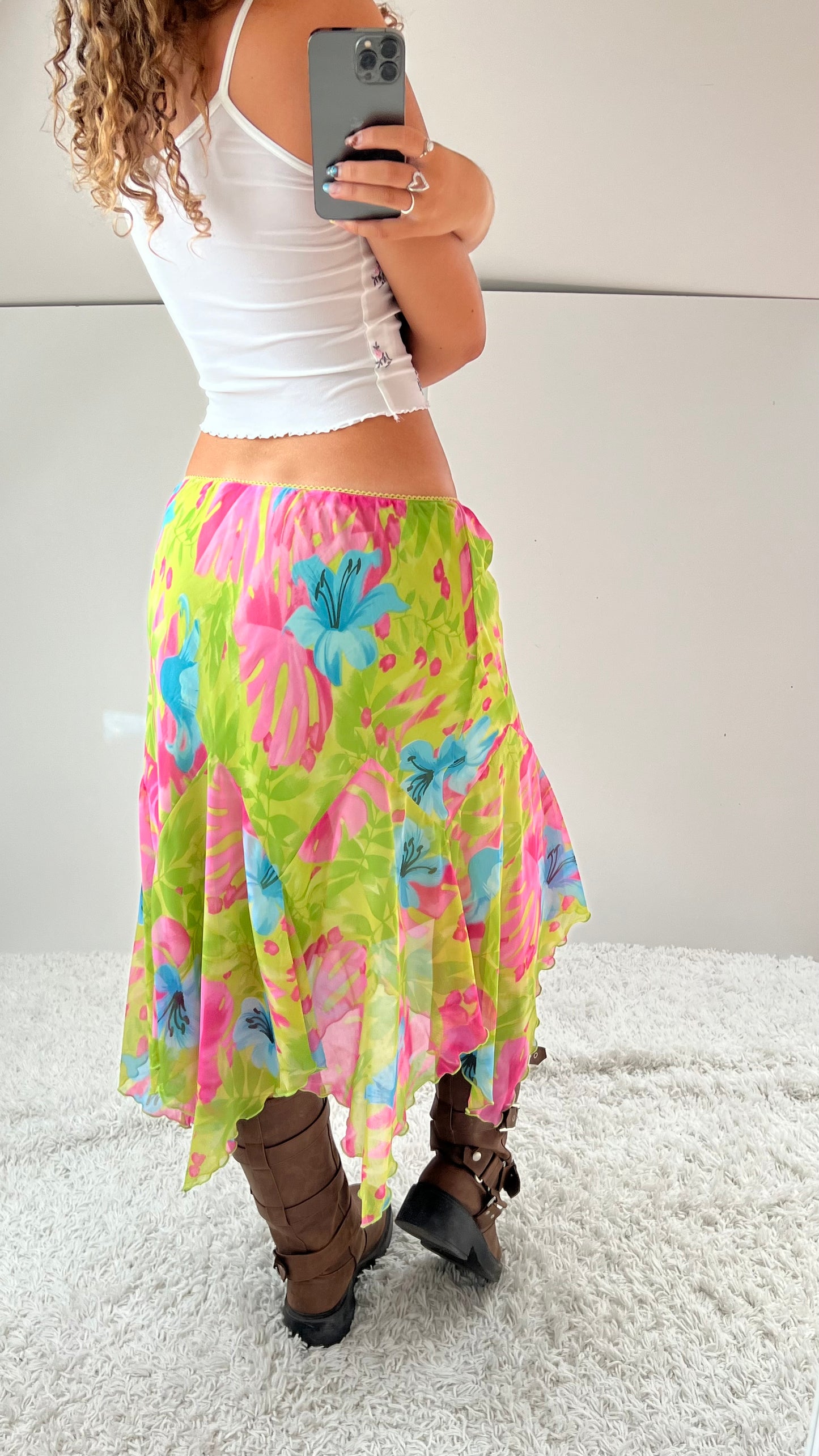 00s green floral mesh midi skirt- size M