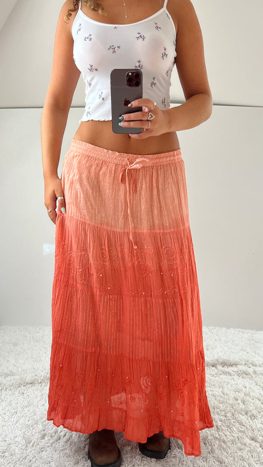00s orange tiered embroidered maxi skirt- size M