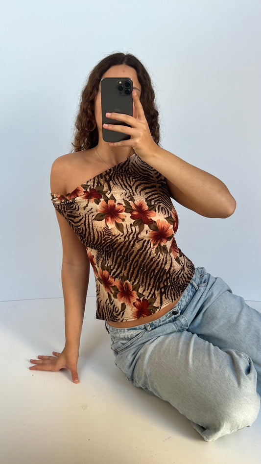 00s brown floral animal print top- size L