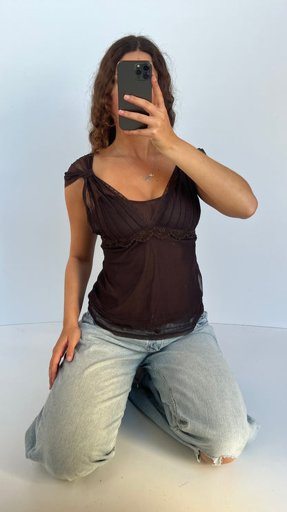 00s brown lace babydoll top- size M