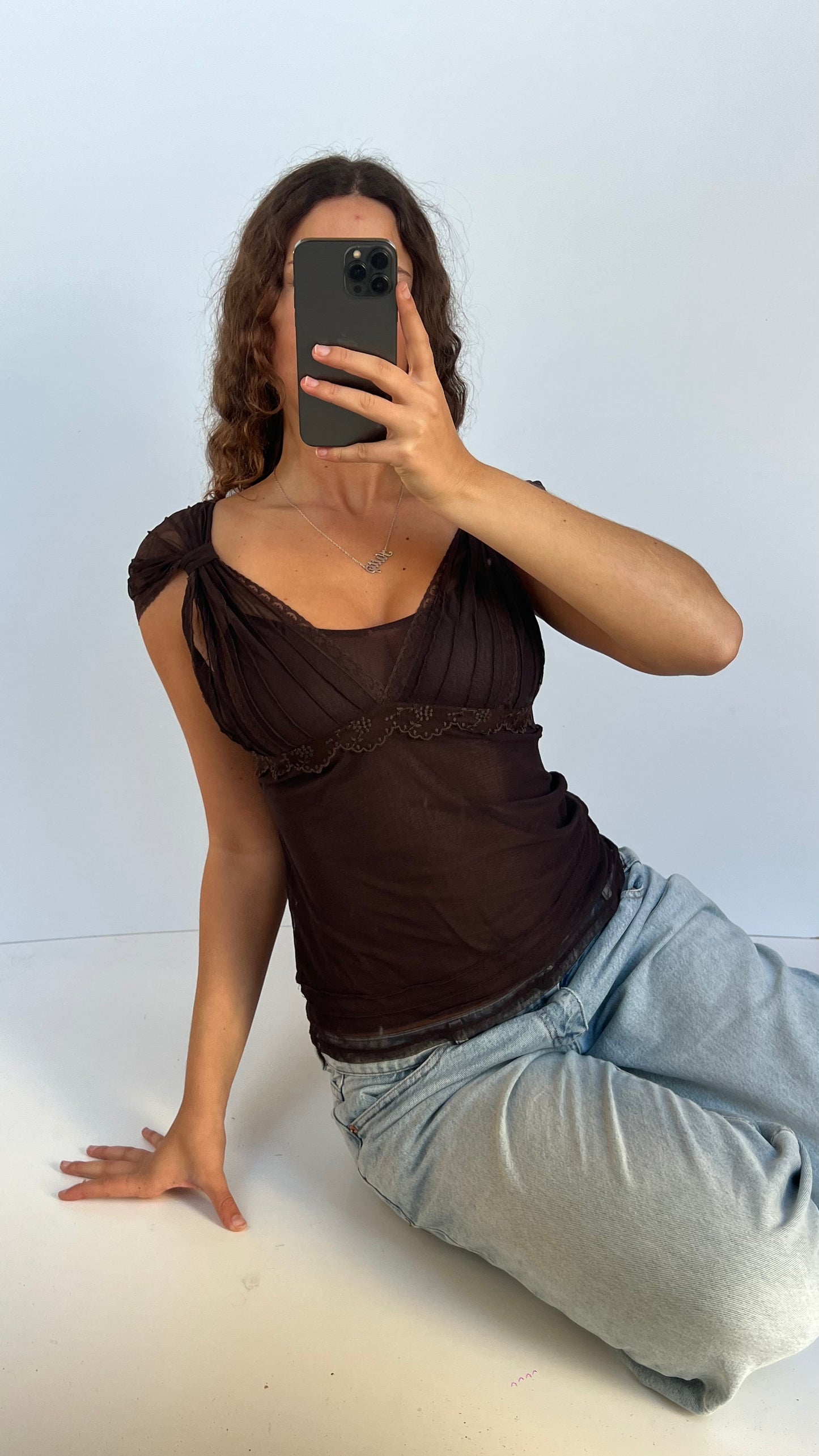 00s brown lace babydoll top- size M