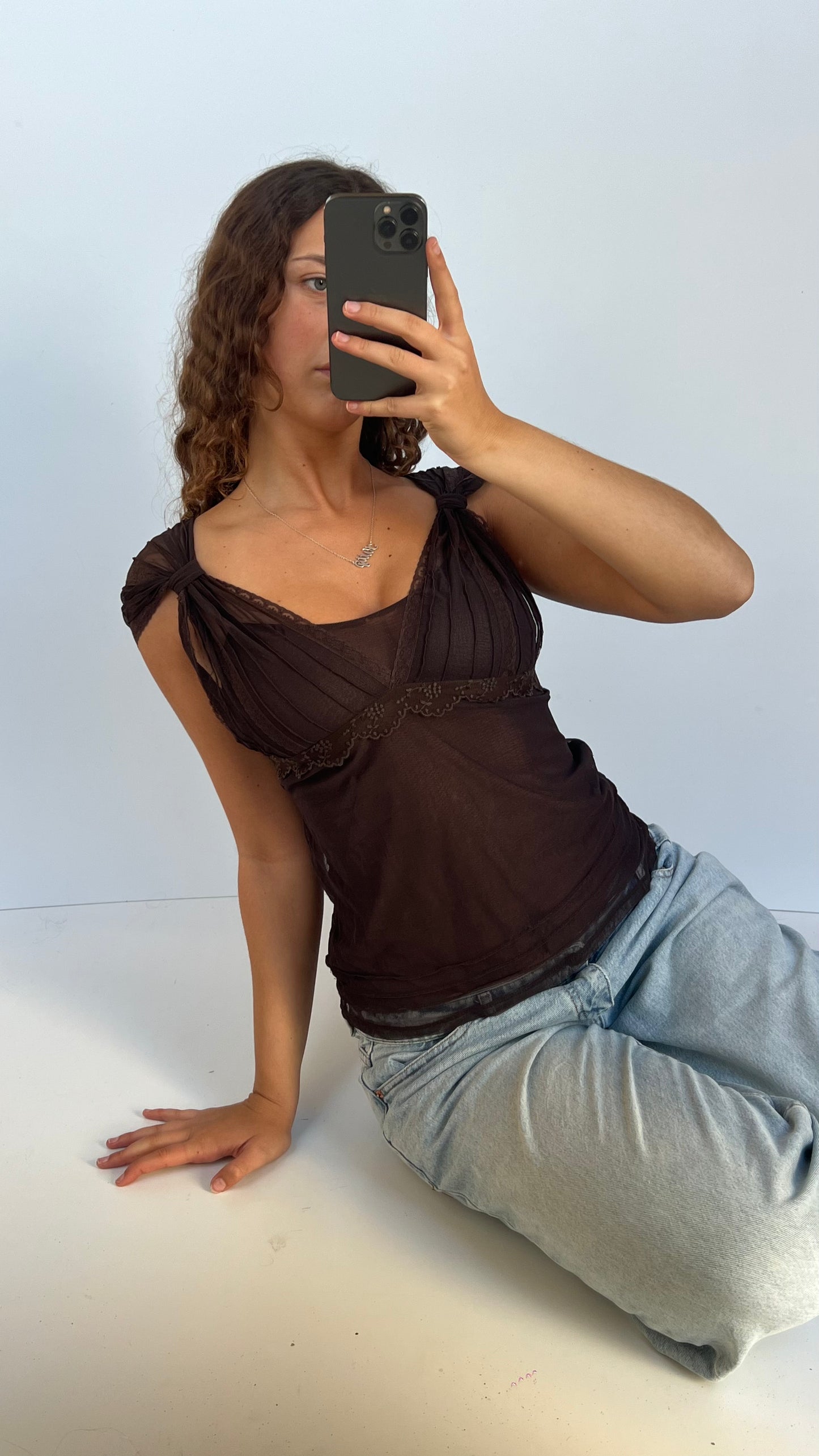 00s brown lace babydoll top- size M