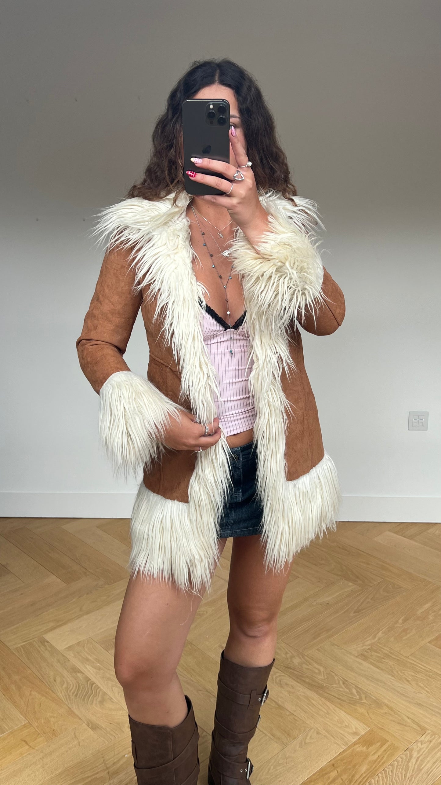 00s brown white afghan coat- size S