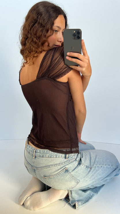 00s brown lace babydoll top- size M