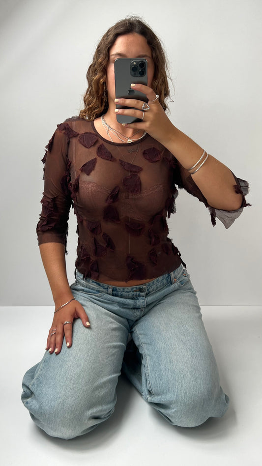 00s burgundy petal textured mesh top- size M