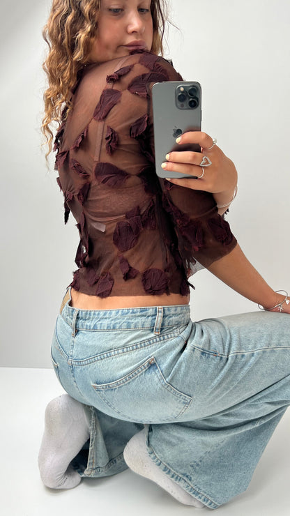 00s burgundy petal textured mesh top- size M