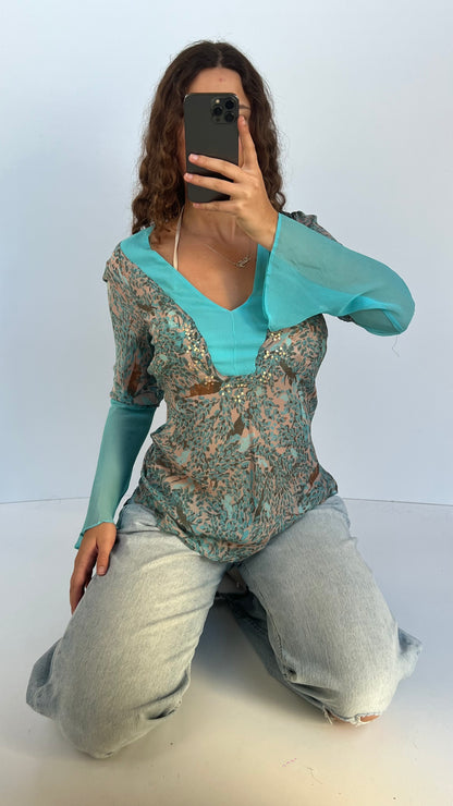 00s blue silk sequin top- size S