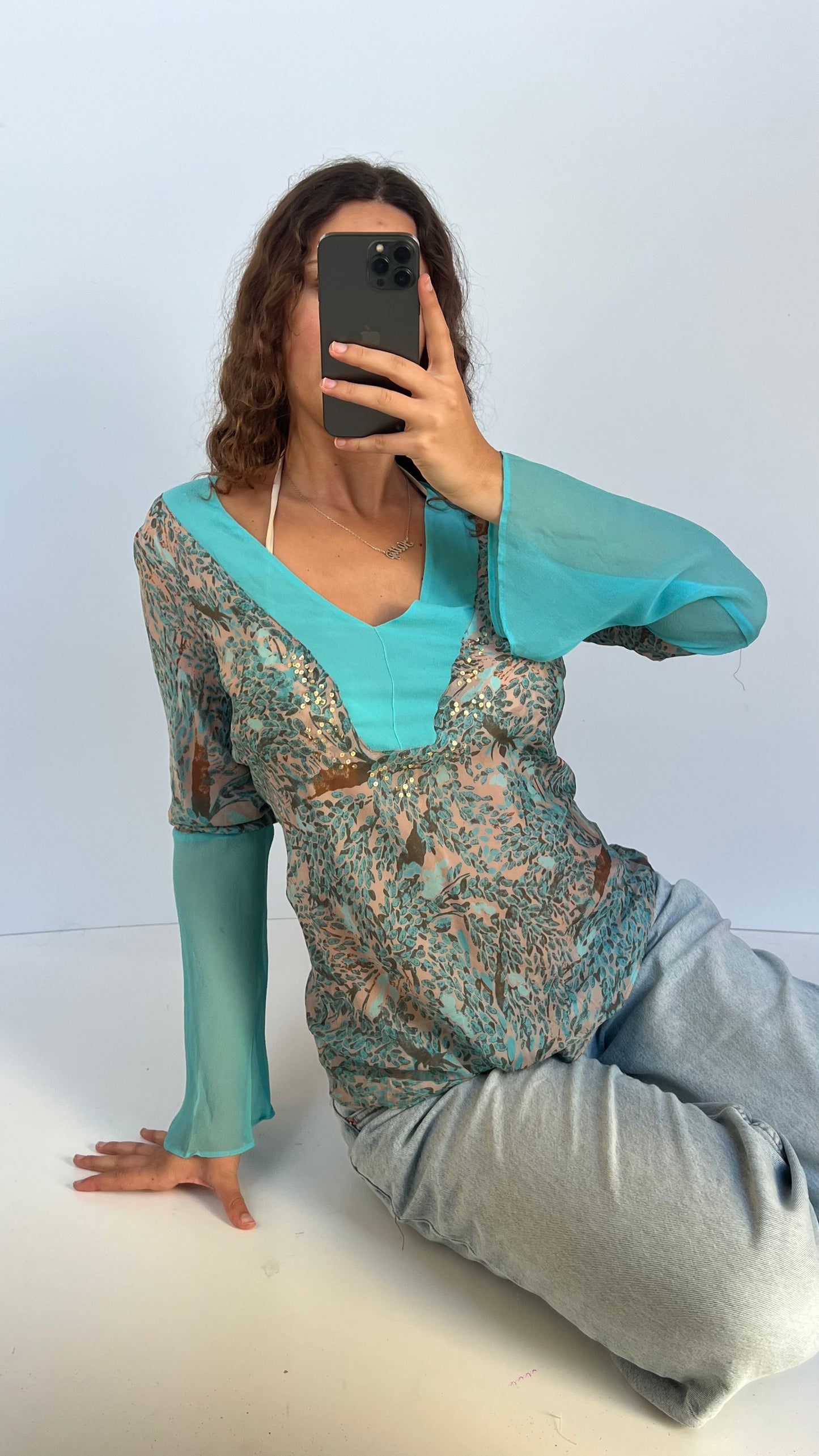 00s blue silk sequin top- size S