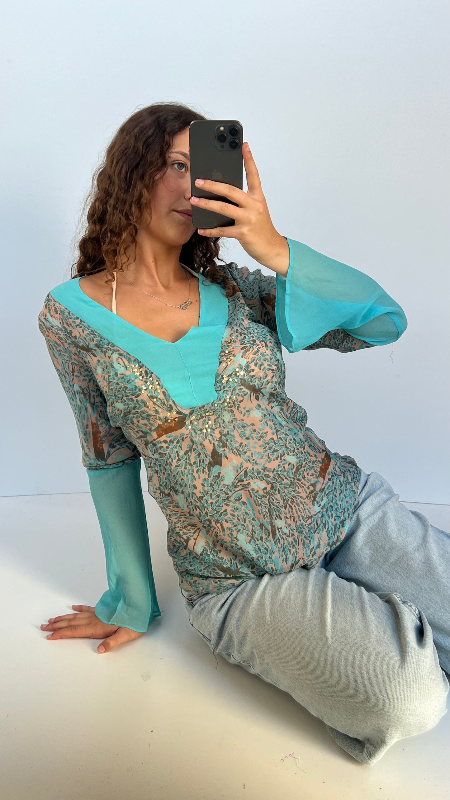 00s blue silk sequin top- size S