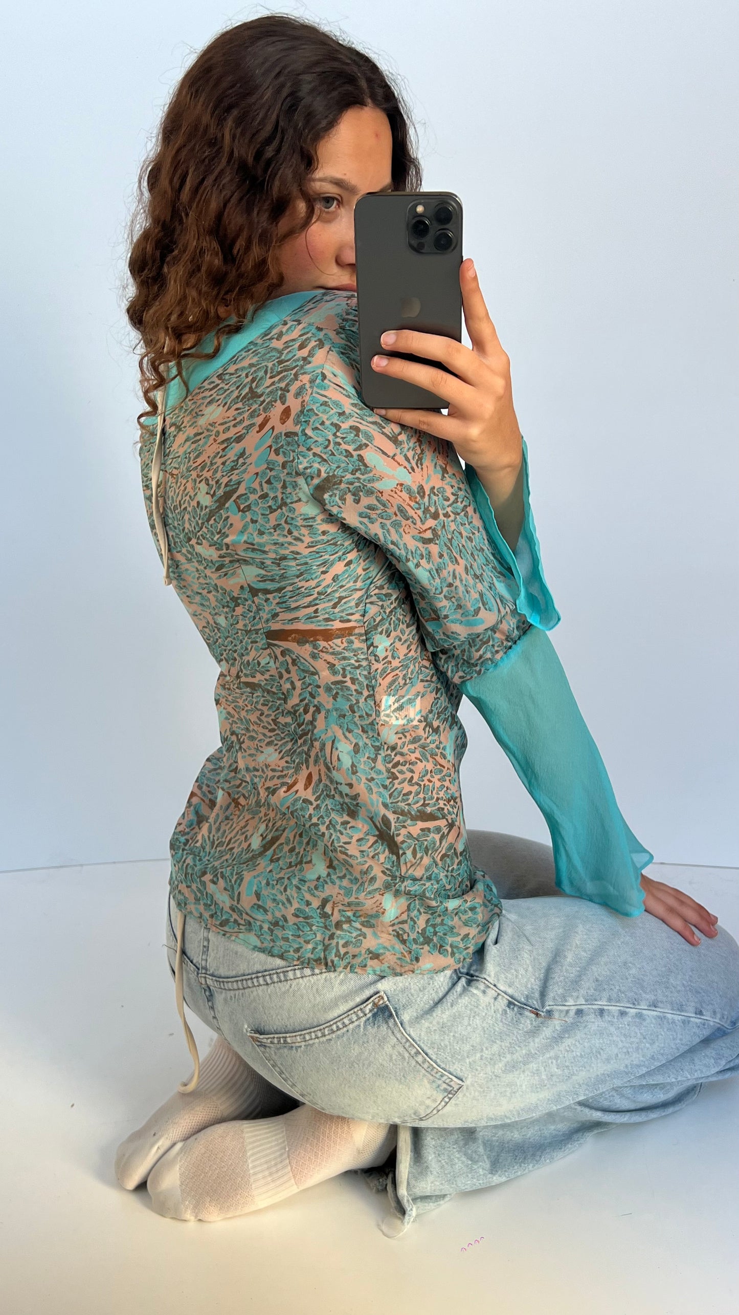 00s blue silk sequin top- size S