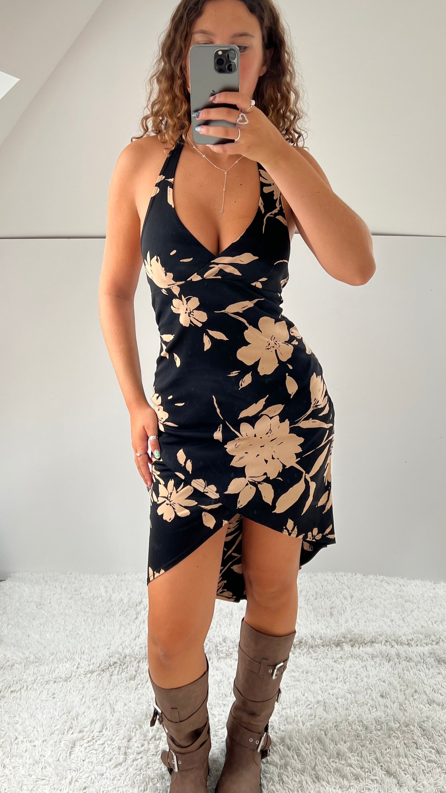 00s black floral midi dress- size S