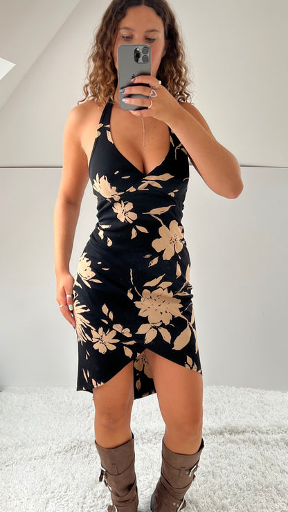00s black floral midi dress- size S