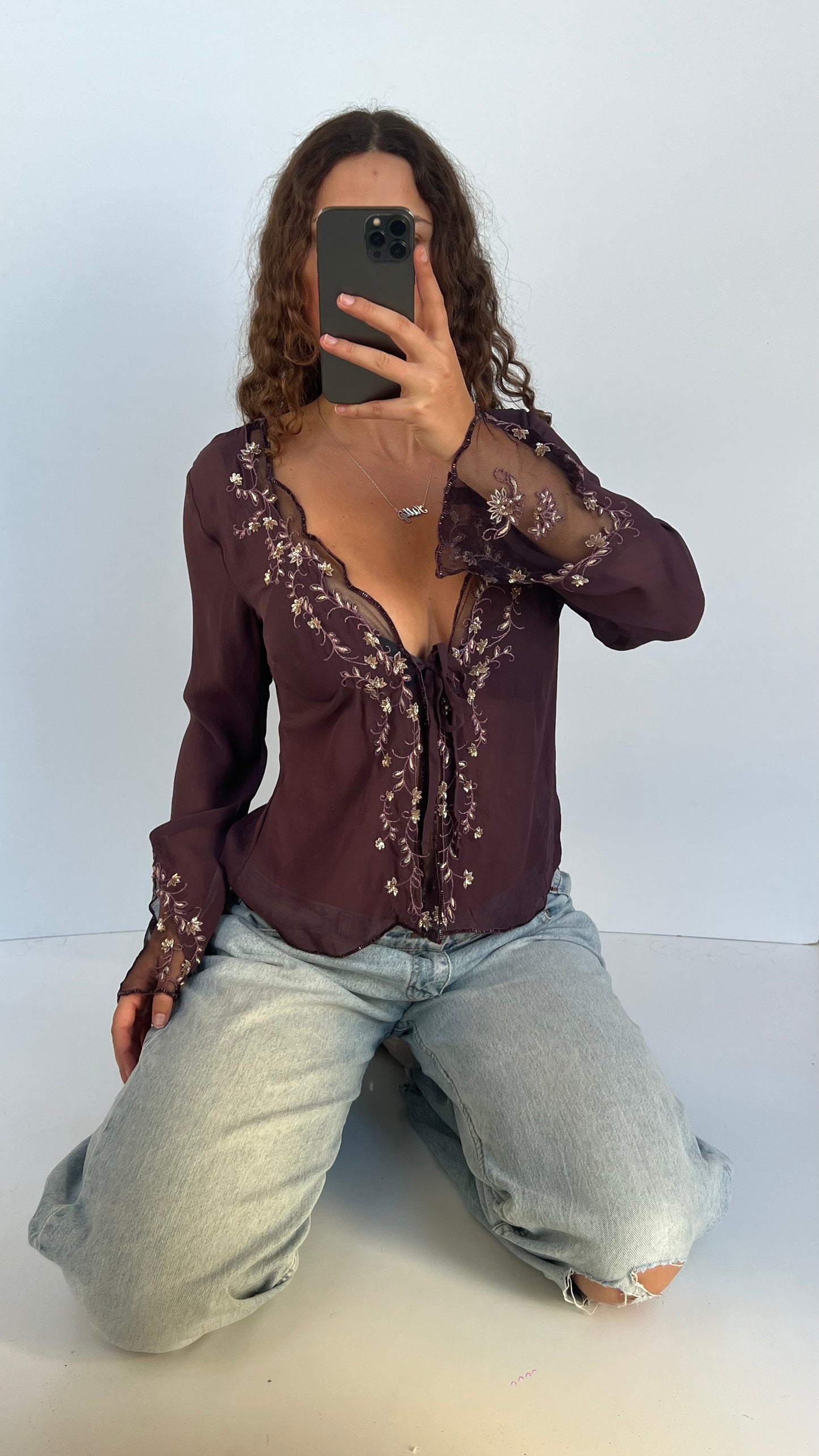 00s purple silk blouse- size L