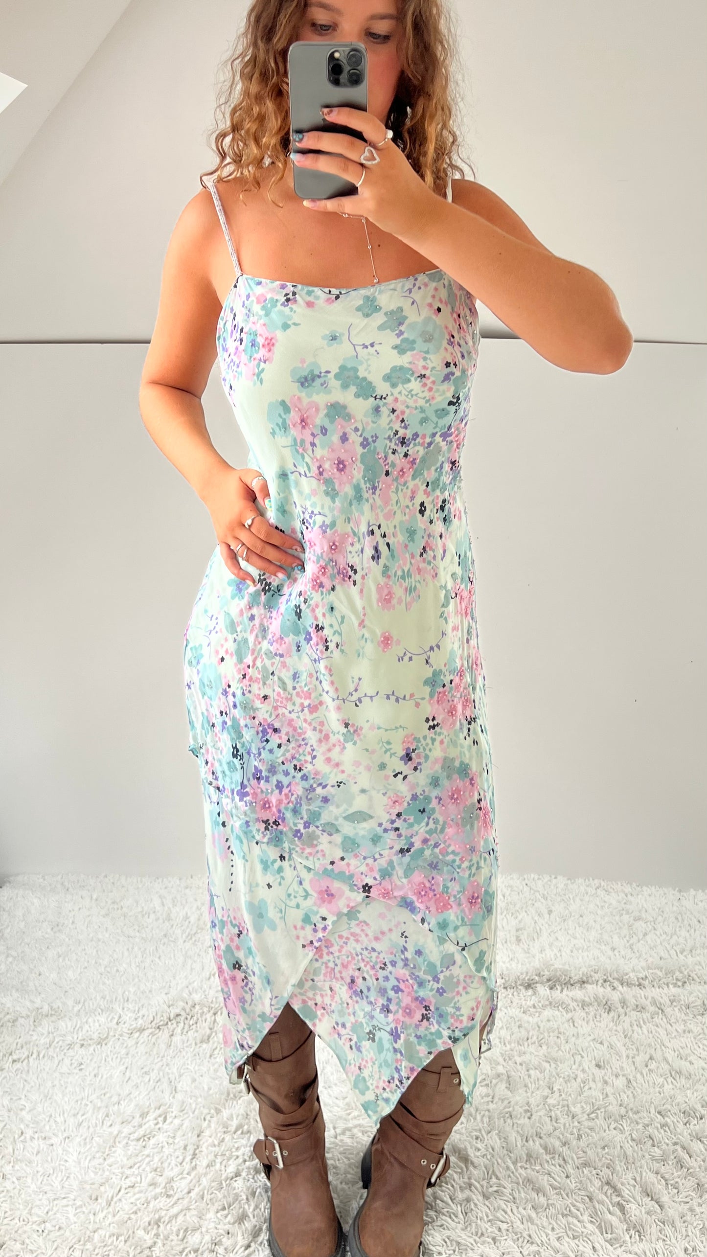 00s blue mesh floral maxi dress- size XL