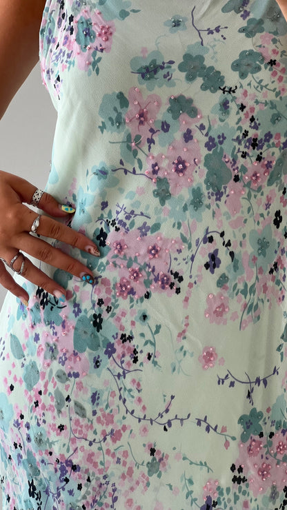 00s blue mesh floral maxi dress- size XL