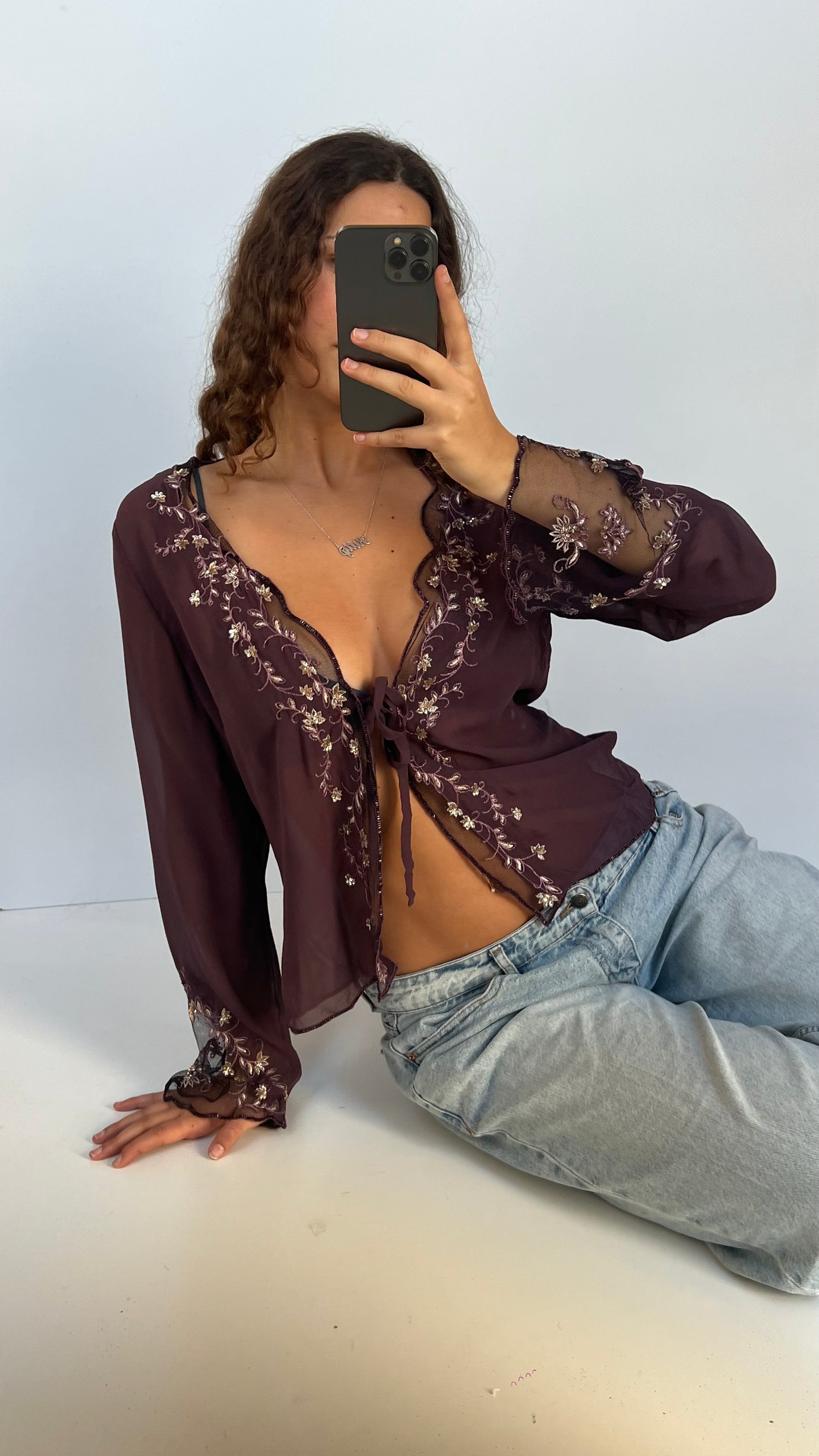 00s purple silk blouse- size L