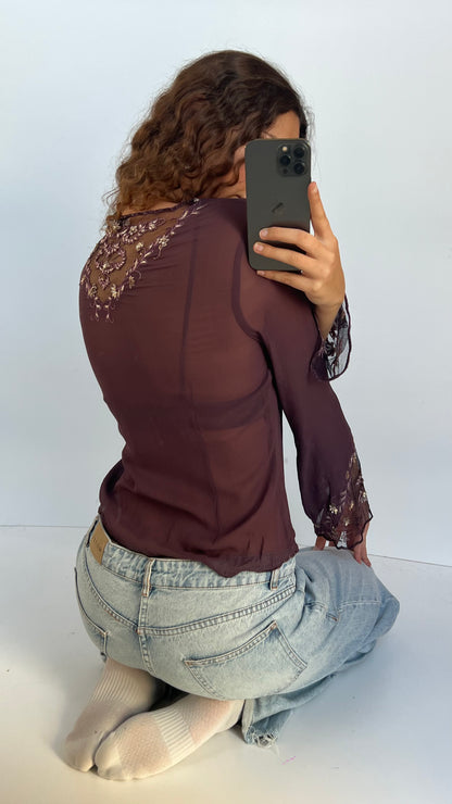 00s purple silk blouse- size L