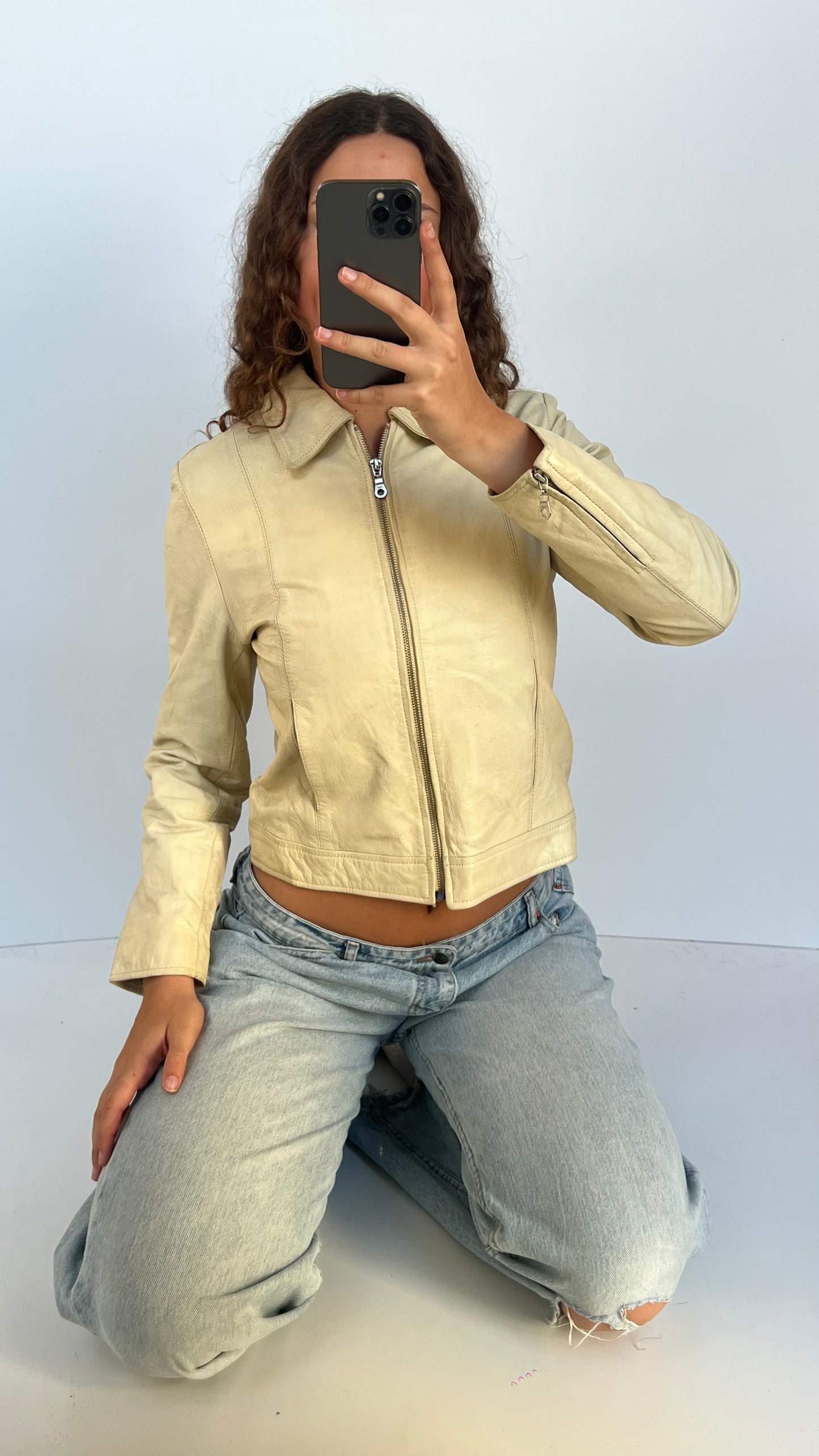 00s cream leather jacket- size S
