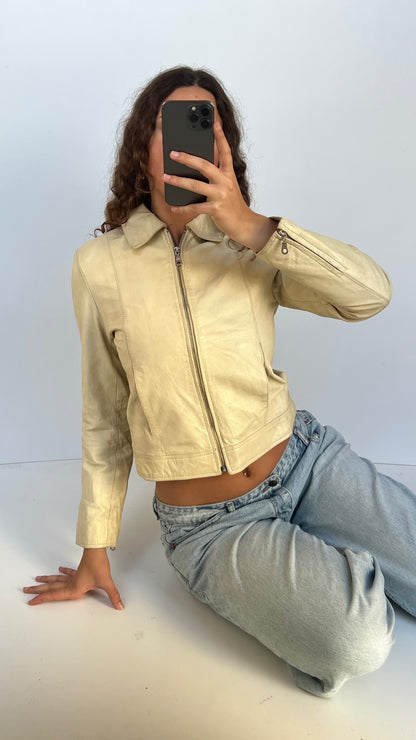 00s cream leather jacket- size S