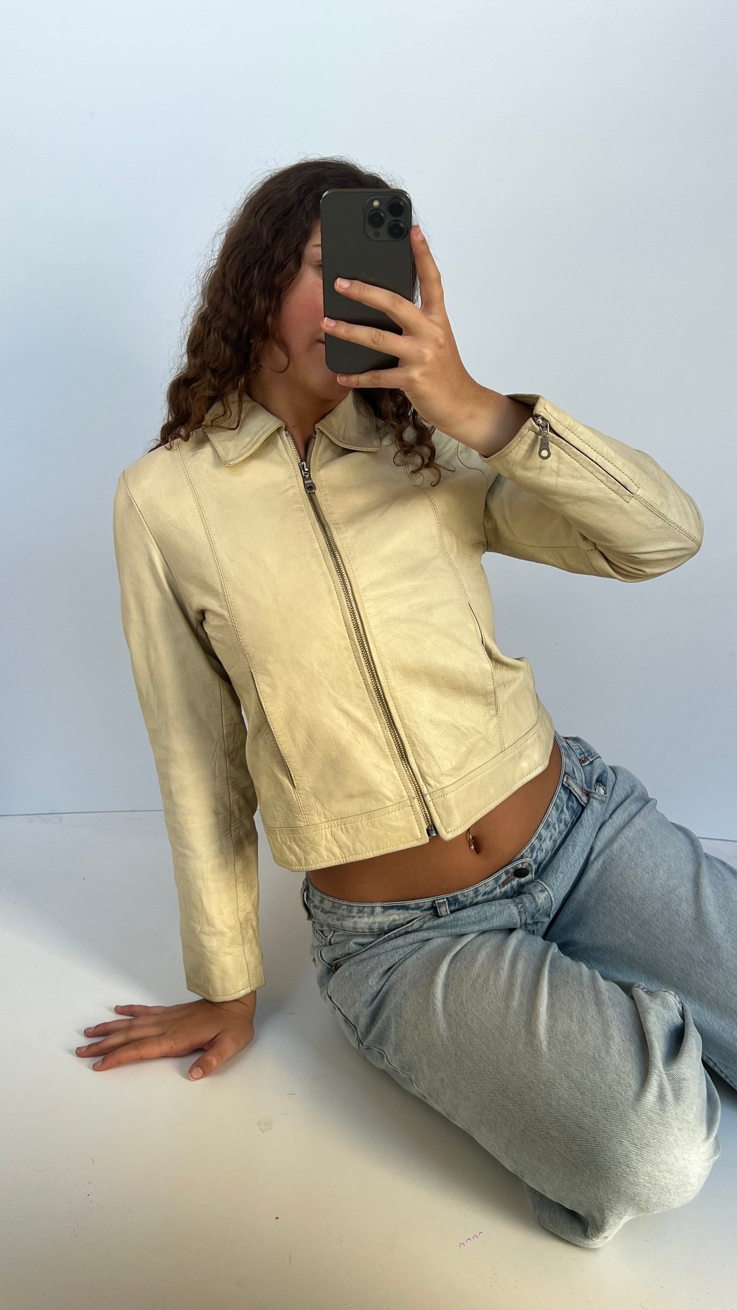 00s cream leather jacket- size S