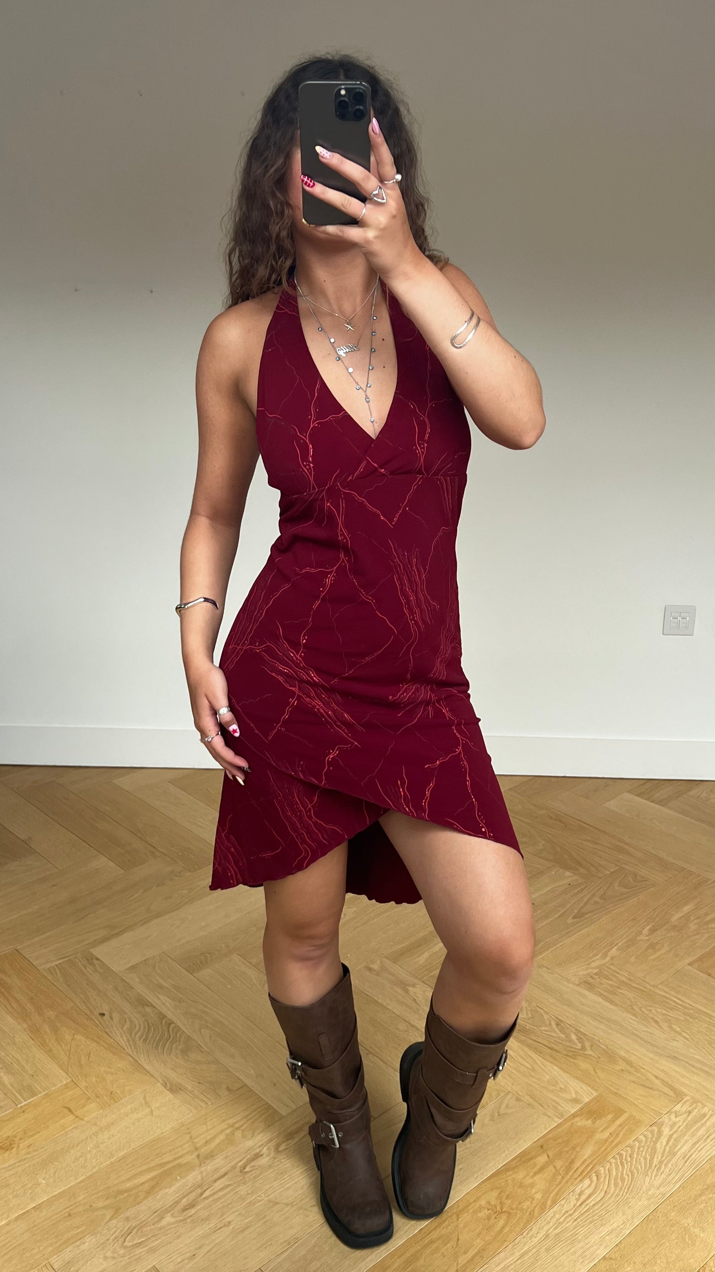 00s red glitter midi dress- size L