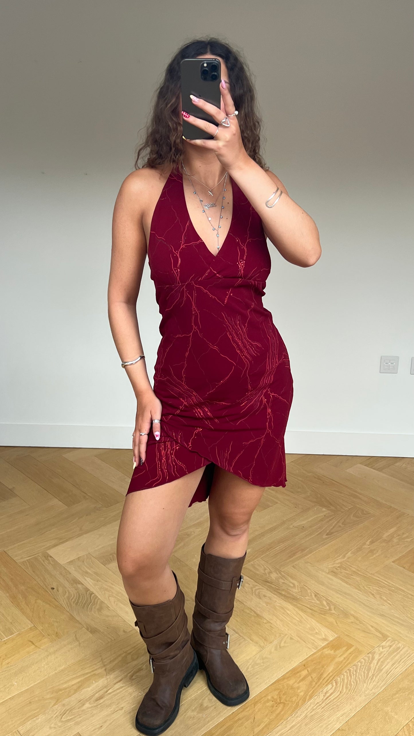 00s red glitter midi dress- size L