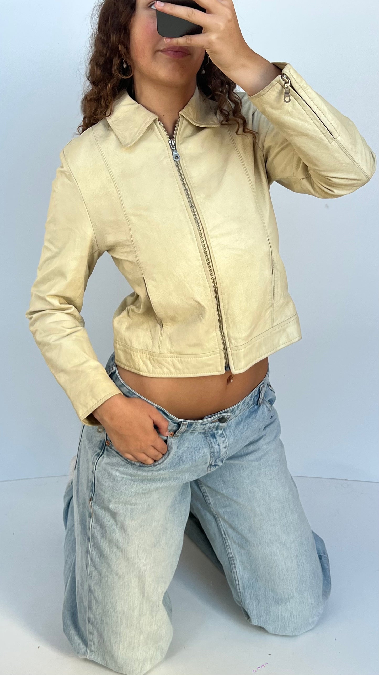 00s cream leather jacket- size S