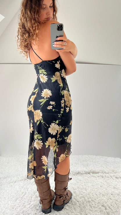 00s black floral mesh midi dress- size S