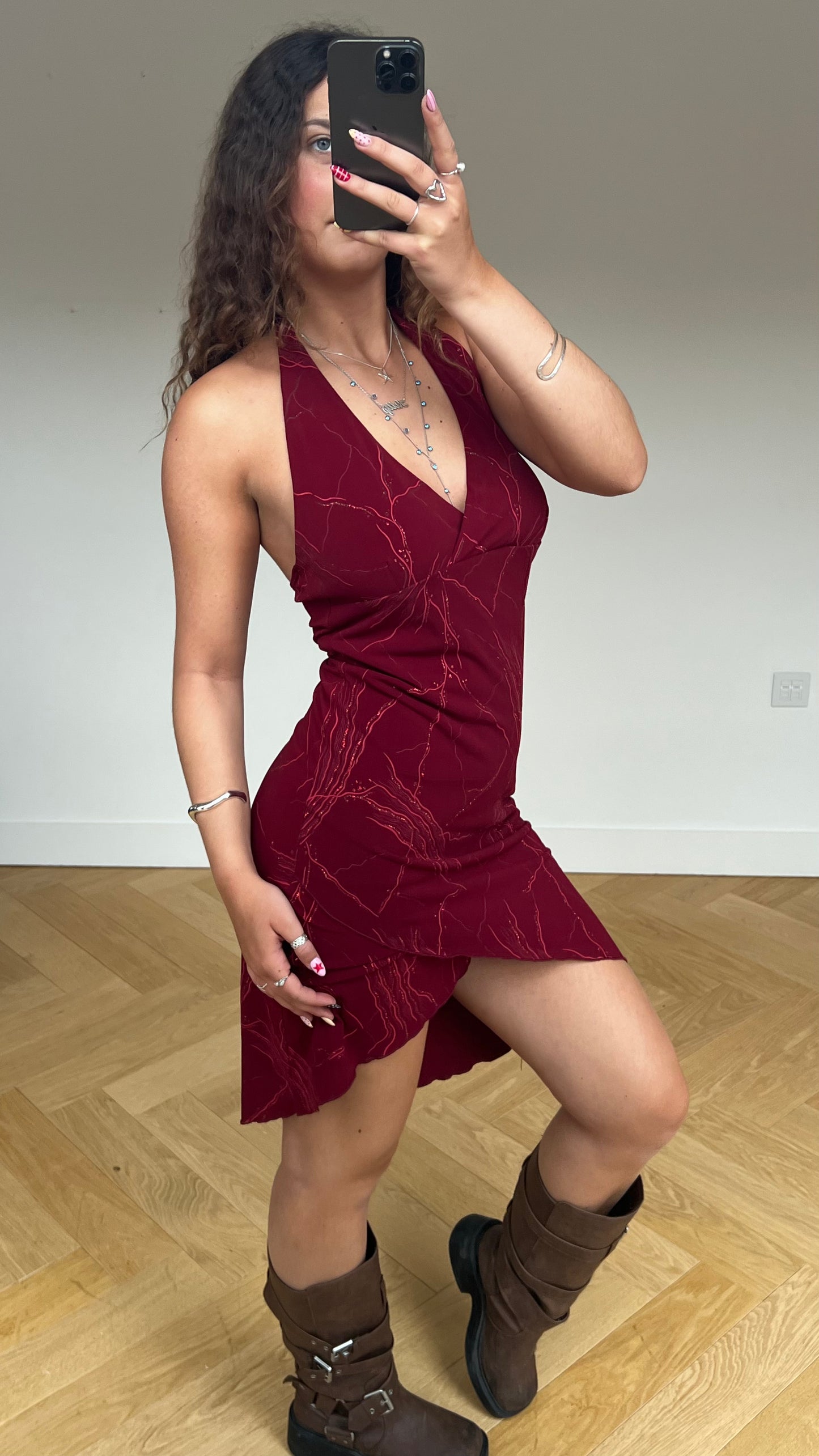 00s red glitter midi dress- size L