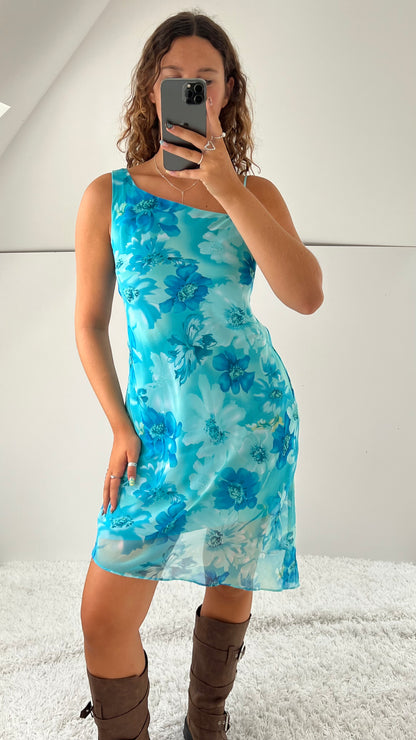 00s blue floral mesh mini dress- size S