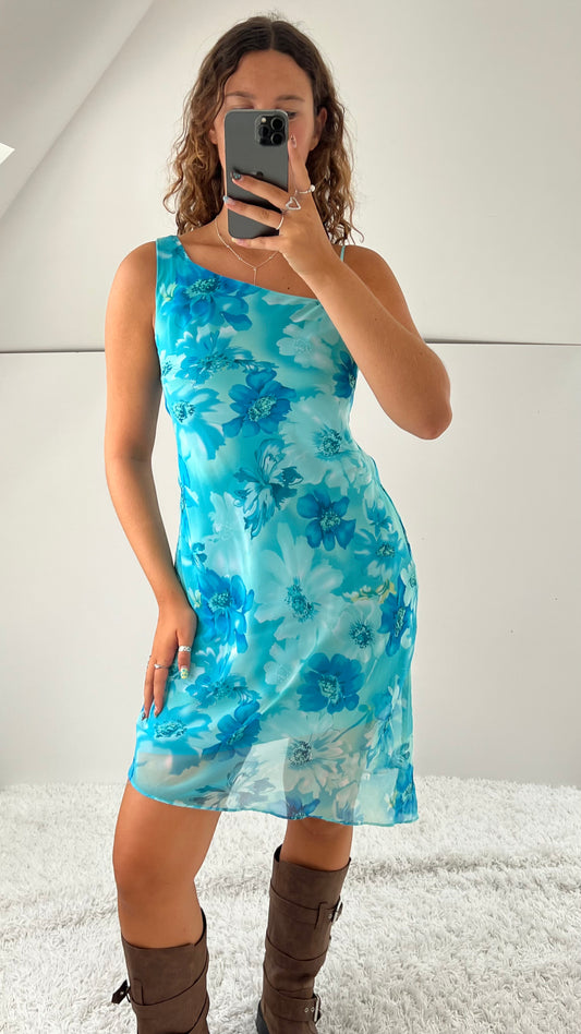 00s blue floral mesh mini dress- size S