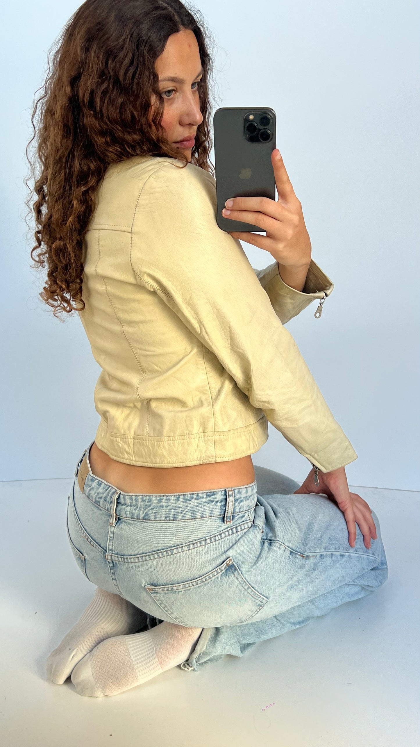 00s cream leather jacket- size S