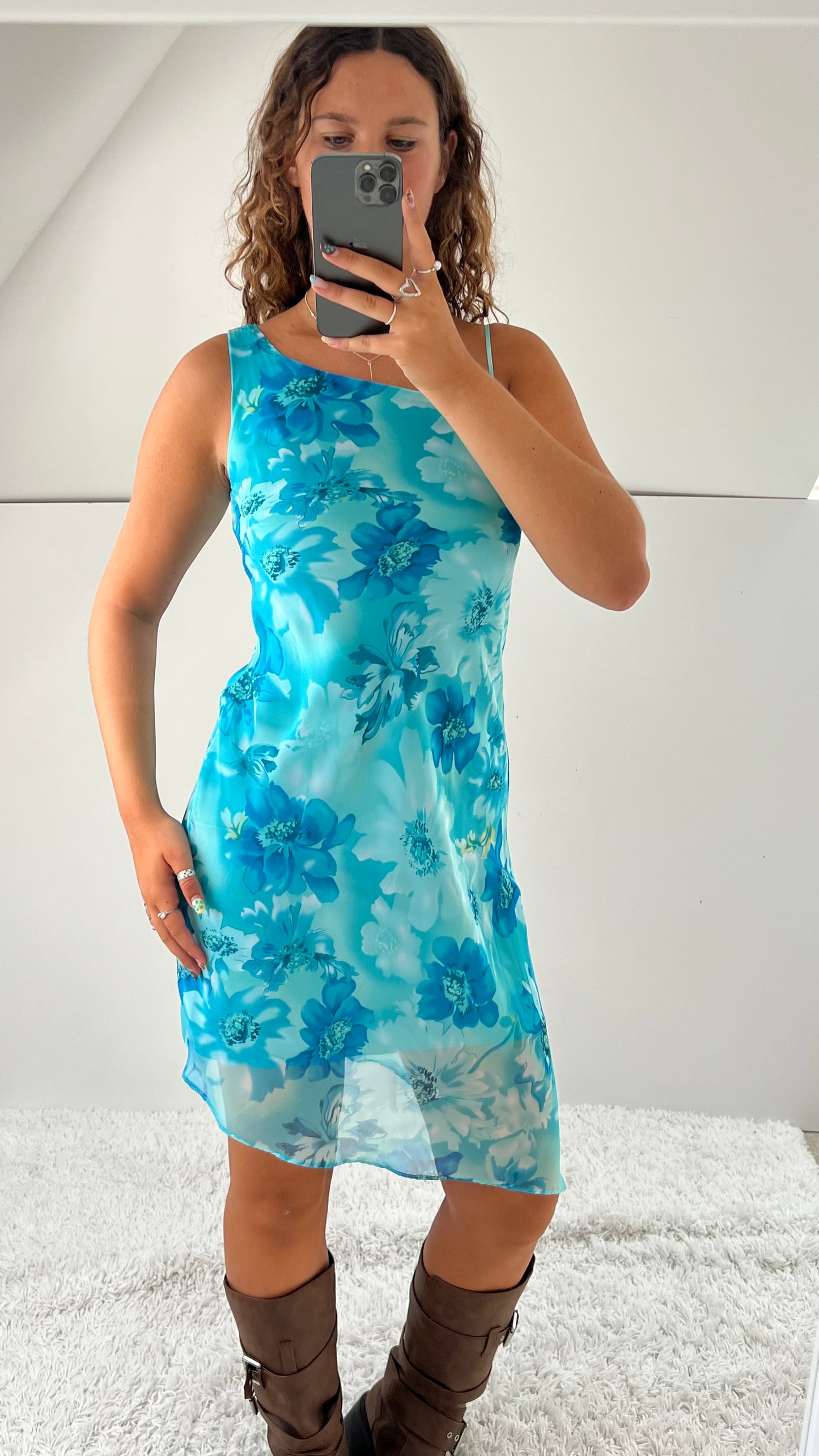 00s blue floral mesh mini dress- size S
