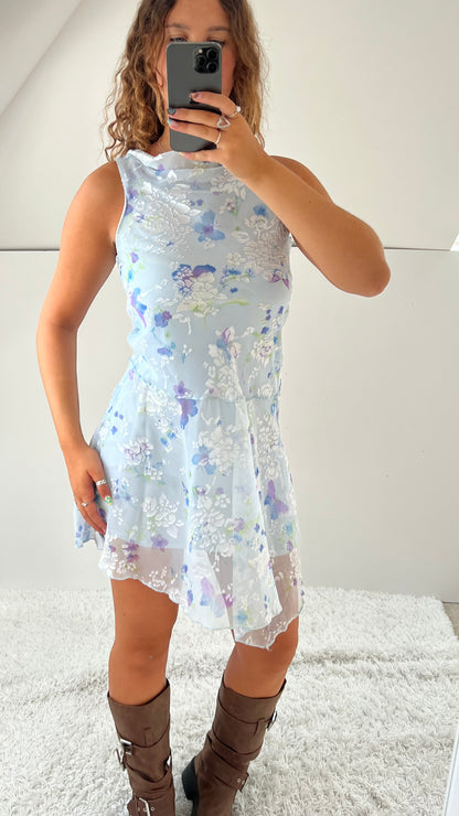 00s blue butterfly mini dress- size S