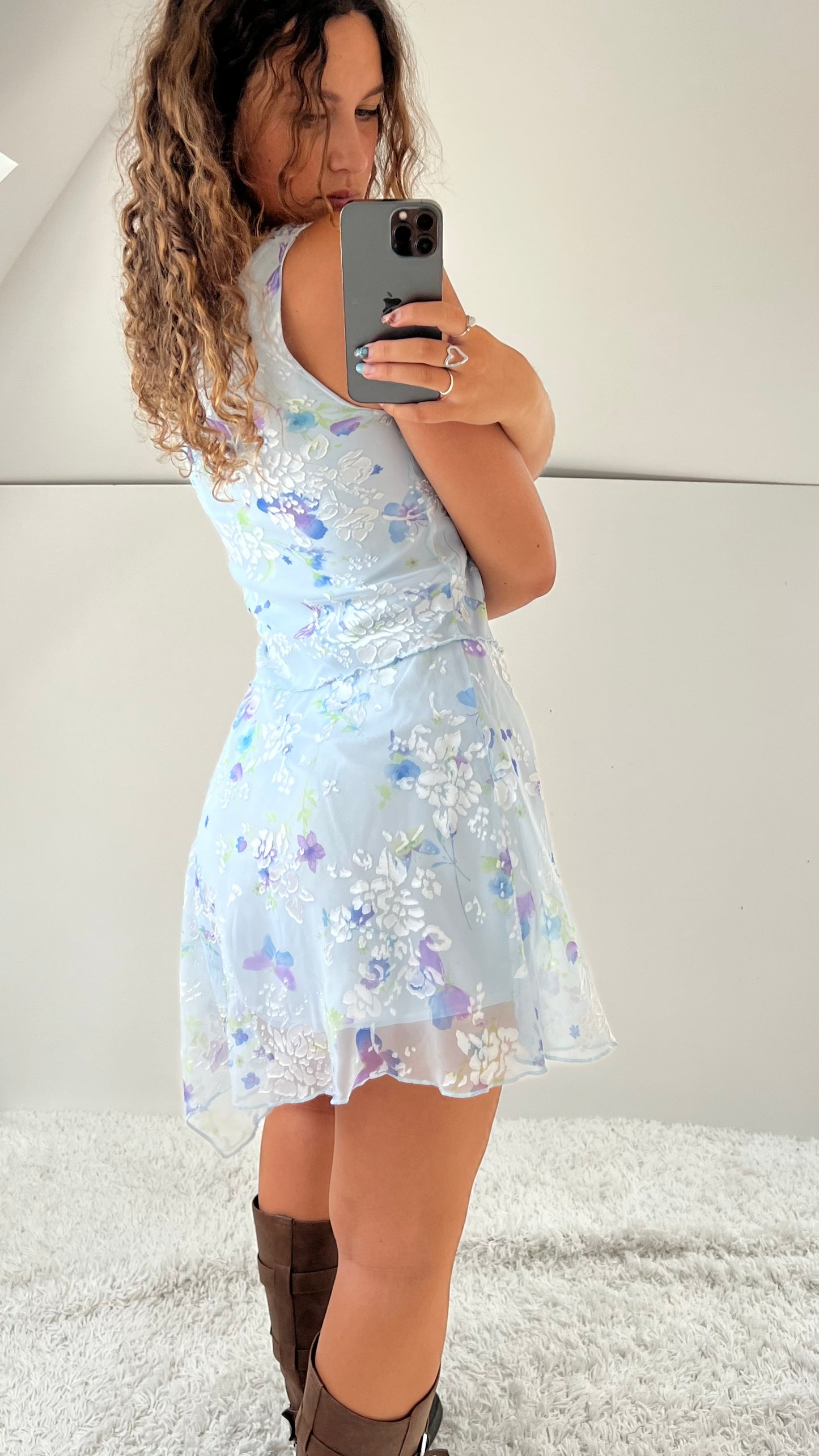 00s blue butterfly mini dress- size S