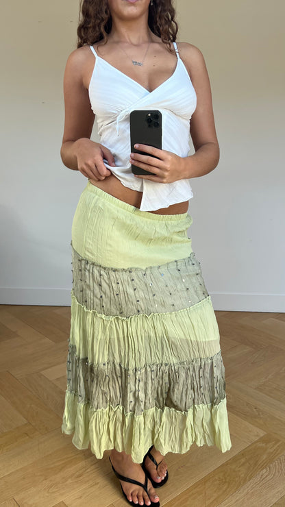 00s green patchwork maxi skirt- size S