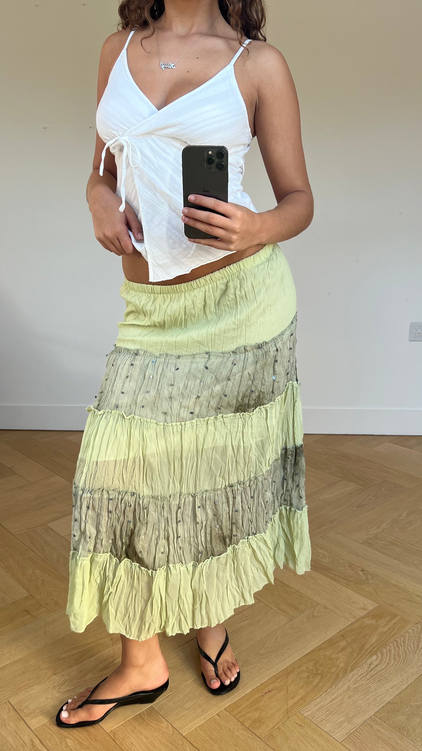 00s green patchwork maxi skirt- size S