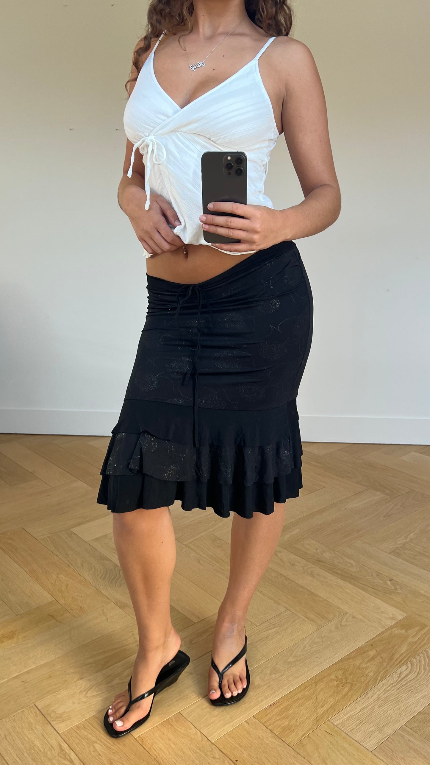 00s black ruffle midi skirt- size L