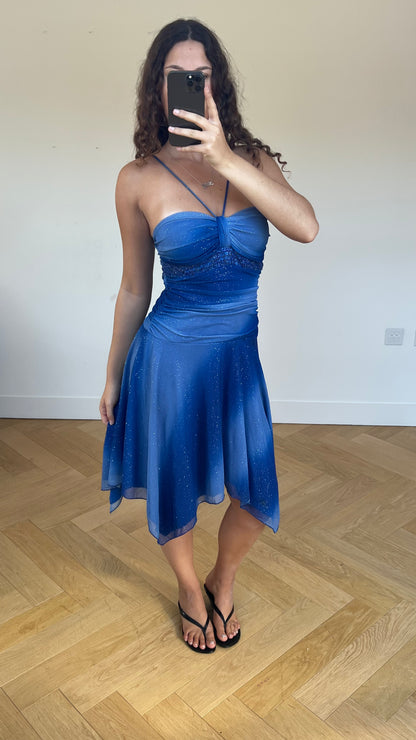 00s blue glitter midi dress- size M