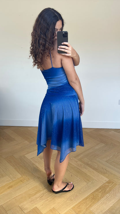 00s blue glitter midi dress- size M